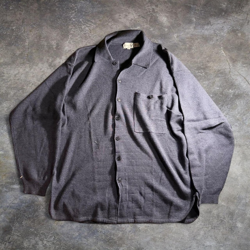 Vintage Andrew Fezza Navy Blue Wool Cotton Knit Button Up Shirt Mens XL 90s